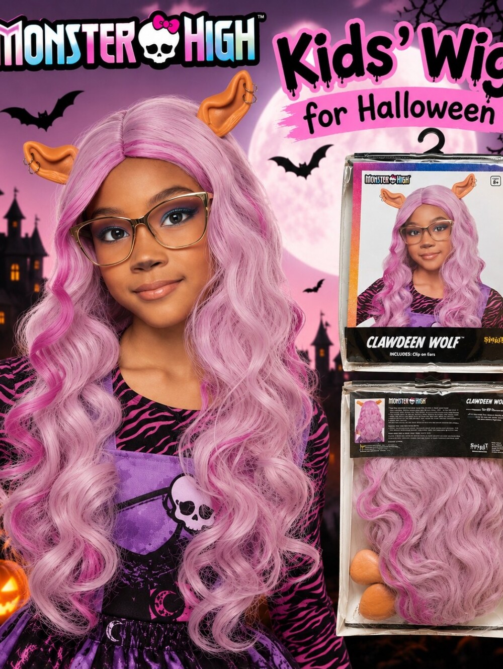 NWT Monster High Clawdeen Wolf Kids Halloween Wig with Ear Clips